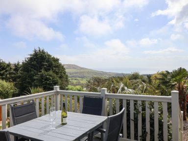 An outdoor patio with a table, chairs, a bottle of wine, and two wine glasses overlooking trees and hills at High Bullen Lodge in Morcombelake