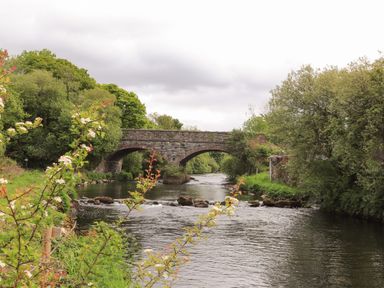 A stone arch bridge over a river surrounded by trees and plants at Llety'r Bugail 1 in Llanrug