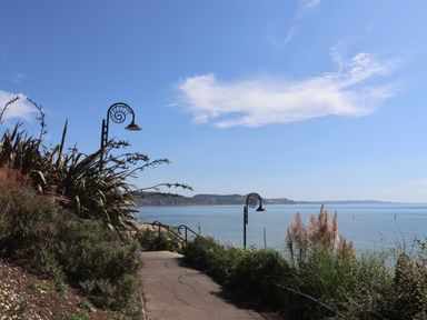 A path with a lamppost and plants near the water at Penny Plot Cottage in Lyme Regis