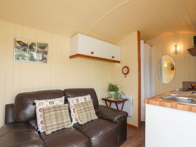 A small living area with a brown leather sofa and cushions next to a kitchen countertop at Llety'r Bugail 2 in Llanrug