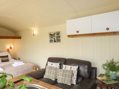 A room with a bed with towels and pillows a leather sofa with cushions white cabinets and a small table with a plant at Llety'r Bugail 2 in Llanrug