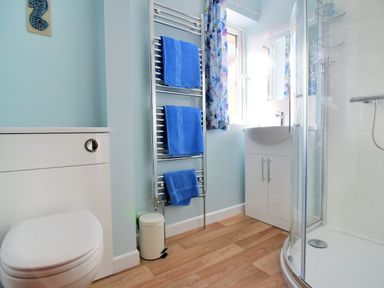 A bathroom with a toilet a towel rack with blue towels a sink with cabinet a window and a curved glass shower at Bridge House Apartment Charmouth