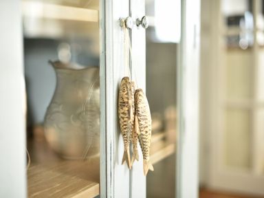 A close up of two fish shaped wooden handles on a cabinet door at Highpoint Lodge in Lyme Regis