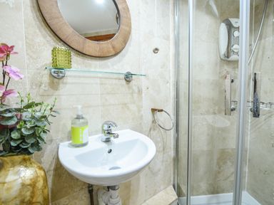 A bathroom with a sink mirror shower and flowers on a vase at Cleve Cottage Lyme Regis