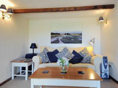 A living room with a beige sofa with blue and patterned cushions a wooden coffee table with a vase of flowers and a side table with a lamp at Willows in Charmouth