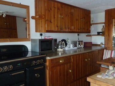 A kitchen with wooden cabinets a microwave kettle toaster and a black stove at Willows in Charmouth