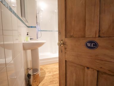 A bathroom with a wooden door marked W C a white pedestal sink a hand soap dispenser and a shower area with a glass screen at Coombe Street Cottage Lyme Regis