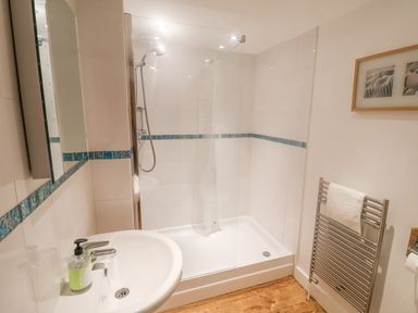 A bathroom with a shower area sink with soap dispenser towel rail and framed pictures at Coombe Street Cottage in Lyme Regis