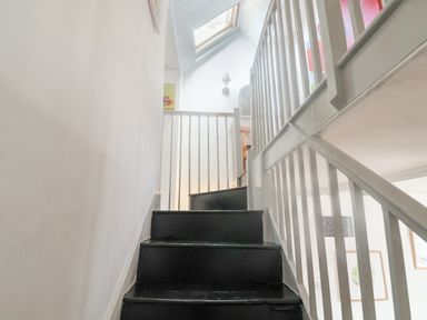 A staircase with black steps and white railings leading to an upper floor with a skylight window at Coombe Street Cottage Lyme Regis