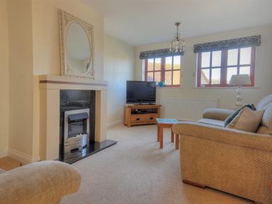 A living room with a sofa a fireplace a television on a wooden stand and two windows at 28 Barnes Meadow in Uplyme