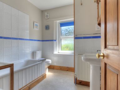 A bathroom with a bathtub toilet sink window and wooden door at Ivy Cottage in Beer