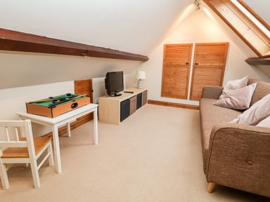 An attic room with a brown sofa and cushions a television on a low cabinet and a small table with a toy pool table at 3 Home Farm South in Rousdon