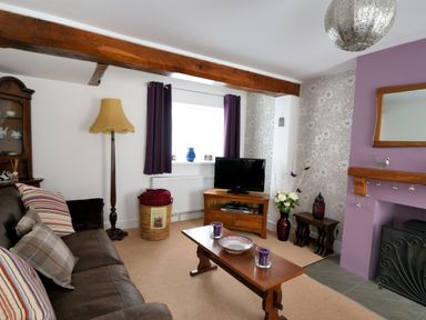 A living room with a brown leather sofa wooden coffee table and a television on a stand at Sunnyside in Colyton