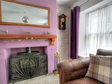 A living room corner with a purple fireplace and mirror above at Sunnyside in Colyton