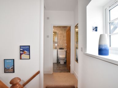 A hallway with carpeted stairs leading to a bathroom with a toilet and wooden door at Sunnyside in Colyton