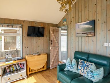 A living room with a green sofa and an octopus cushion at Ammonite in Lyme Regis