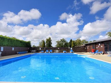 An outdoor swimming pool with blue water surrounded by lounge chairs tables and a wooden fence at 4 Pinewood Retreat in Pinewood