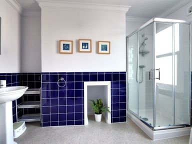 A bathroom with blue tiled walls a shower enclosure a pedestal sink three framed pictures and a plant at 7 Seafield Road Seaton