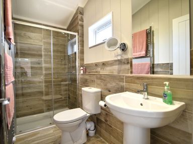 A bathroom with a toilet sink and a glass shower enclosure at Hazelwood 4 @ Pinewood Retreat in Pinewood