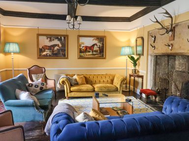 A living room with blue and yellow sofas paintings of horses and a stone fireplace at Old Monmouth in Lyme Regis