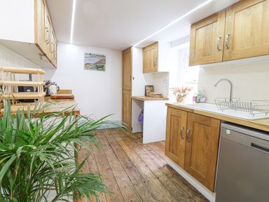 A kitchen with wooden cabinets wooden floor a sink dishwasher and a plant at Old Monmouth in Lyme Regis