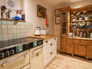 A kitchen corner with a cream stove and oven a white kettle and toaster on a wooden countertop and a wooden cabinet with blue and white dishes at Old Monmouth in Lyme Regis
