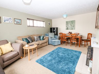 A living room with sofas a blue rug a dining table with chairs and a fireplace at Sunny Haven in Preston
