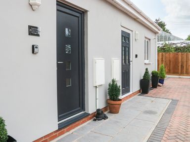 A view of two black doors on a white wall with potted plants on the ground at Sawtons Cottage 2 in Dawlish