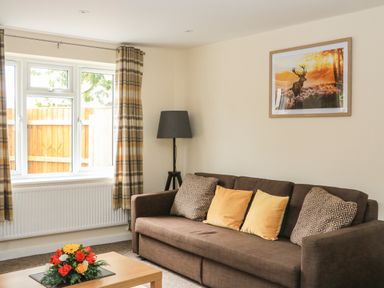 A living room with a brown sofa and yellow and patterned cushions a floor lamp and a framed picture of a deer on the wall at Sawtons Cottage 2 in Dawlish