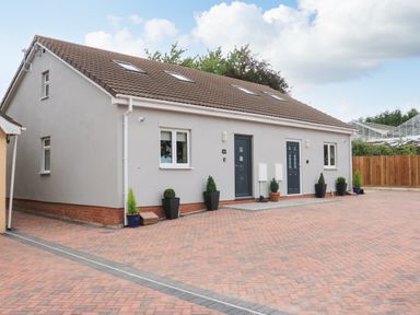 A modern semi detached house with two front doors and potted plants on a paved driveway at Sawtons Cottage 2 in Dawlish
