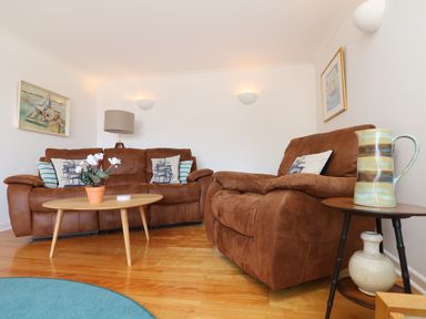 A living room with two brown sofas a wooden coffee table with a plant and cushions with ship designs at Port View in Falmouth