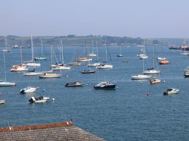 A harbor filled with sailboats and motorboats anchored on the water at Port View in Falmouth