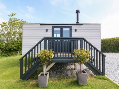 A small elevated cabin with black railings and stairs flanked by two potted plants on a grass lawn at Cwt Y Rhos in Valley