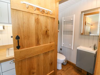 A bathroom with a wooden door a toilet a heated towel rail a mirror and a sink at Cwt Y Rhos in Valley