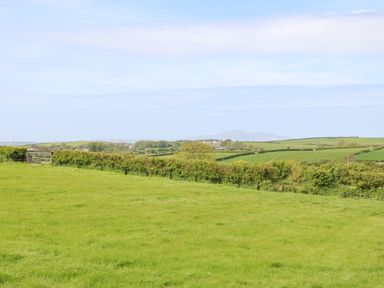 A green field with a metal gate and hedges with hills and trees in the background at Cwt Y Rhos in Valley
