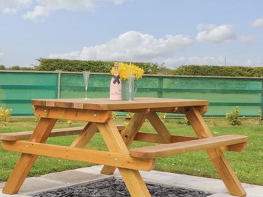 An outdoor wooden picnic table with a bottle of champagne a vase of yellow flowers and two empty glasses in a garden at Primrose in Seaton near Hornsea