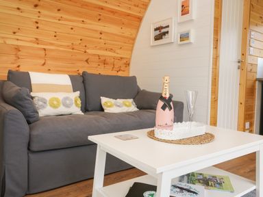 A grey sofa with cushions next to a white coffee table with a bottle and glass on it in a wooden room at Poppy Seaton near Hornsea