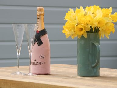 A bottle of champagne with two glasses and a jug with yellow flowers on a wooden table at Poppy in Seaton near Hornsea
