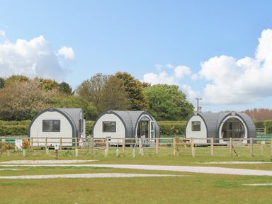 Three small curved wooden cabins in a grassy field with trees and a fence at Poppy in Seaton near Hornsea