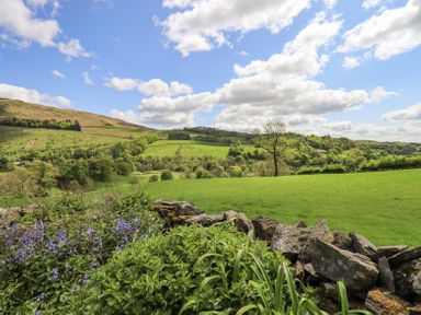A green landscape with hills trees and a stone wall under a blue sky at Yanway Cottage in Troutbeck near Troutbeck Bridge