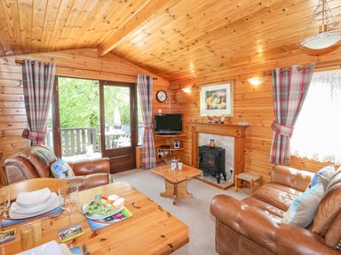 A wooden living room with leather sofas a small dining table set with plates a coffee table a fireplace with a stove and a television at Robins Nest Number 12 Burnside Park near Keswick