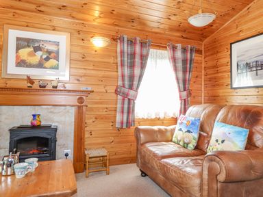 A wooden paneled living room with a brown leather sofa and a fireplace at Robins Nest Number 12 Burnside Park near Keswick