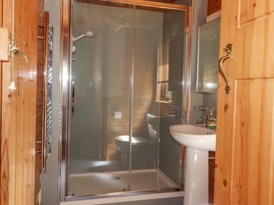 A bathroom with a glass shower enclosure a white pedestal sink a wall-mounted mirror and a wooden door at Robins Nest Number 12 Burnside Park near Keswick