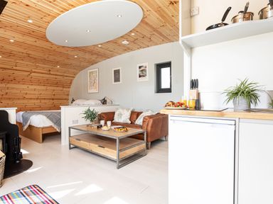 A small living space with a brown couch a wooden coffee table a bed kitchen countertop with orange juice and fruit at Low Longlands in Cartmel