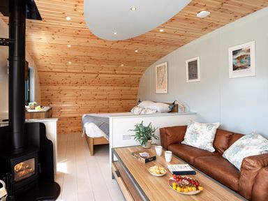 A room with a brown leather sofa, wooden coffee table with snacks and drinks, bed, wood stove, and wooden ceiling at Low Longlands in Cartmel