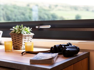 A table with binoculars a book two yellow candles and a potted plant near a window with a view