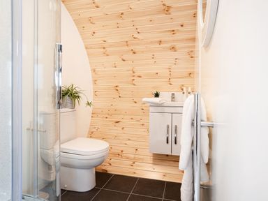A bathroom with a toilet and sink with wooden wall panels at Low Longlands in Cartmel
