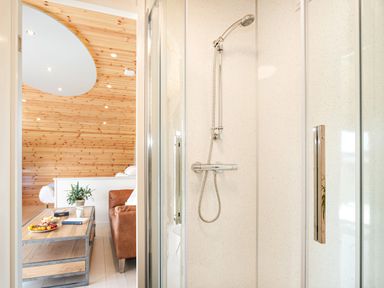A shower with glass doors and a bedroom with a wooden wall and a coffee table at Low Longlands in Cartmel