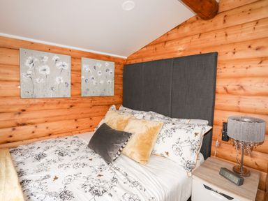 A bedroom with a bed with patterned bedding and pillows next to a wooden wall with two flower paintings and a nightstand with a lamp and clock at Ty Coed - 63 in Bronaber near Trawsfynydd