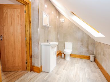 A bathroom with a sink cabinet, toilet, wooden door, and skylight window at Little Lodge in Pentney near King's Lynn